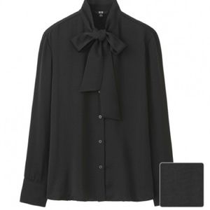 EUC Uniqlo Satin Bow Tie Long Sleeve Blouse